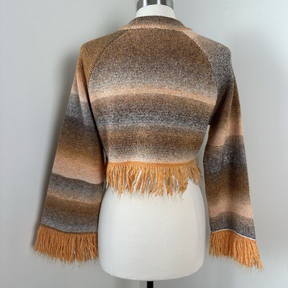 ZARA Sweater Womens Small Cropped Orange Fringed Striped Ombre Boho Sweater - Picture 3 of 7